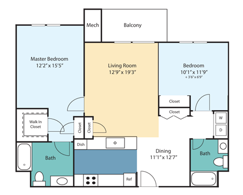 Floor plan for 2 beds, 2 baths, 1122 sqft